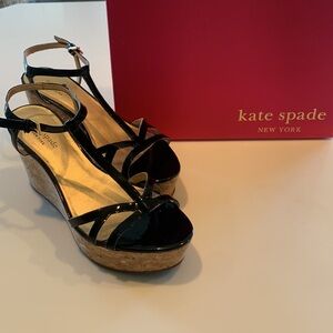 Kate Spade Theodora cork wedge black patent sandals with gold hardware